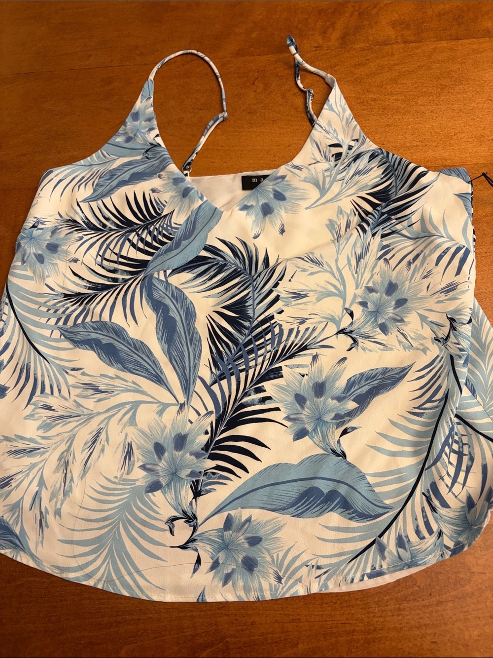 Maven West White Tank with Blue Tropical Leaf Print